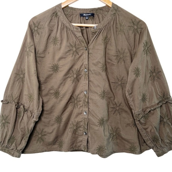 Madewell Embroidered Bubble Sleeve Ruffle Sleeve Button Top Olive Green Size M - Picture 3 of 8